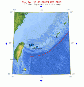 A USGS map of Miyake Island where over 30 earthquakes occurred on April 17, 2013  