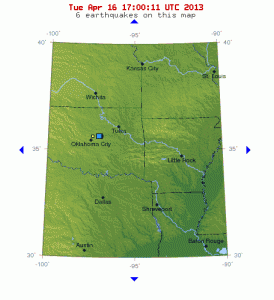 The USGS map of the April 16, 2013 earthquakes in Oklahoma and the location of the ancient Craton Boundary in Oklahoma