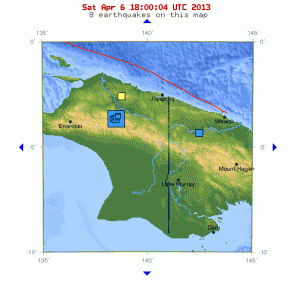 The USGS map of Papua Indonesia witha  star where the 7.0 magnitude earthquake struck 4-6-13