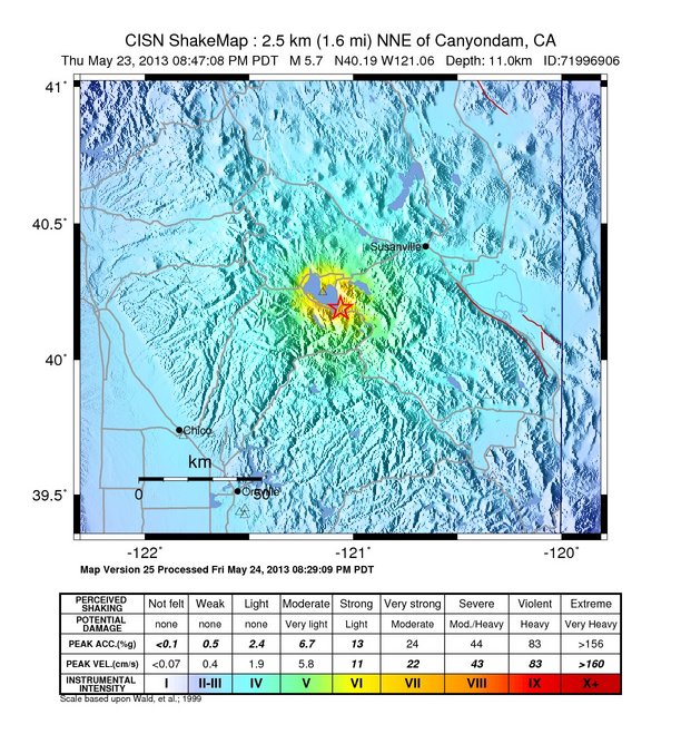 A USGS map of the May 23, 2013 quake in Greenville, California