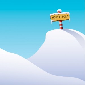 A cartoon of a North Pole sign in a mound of snow.