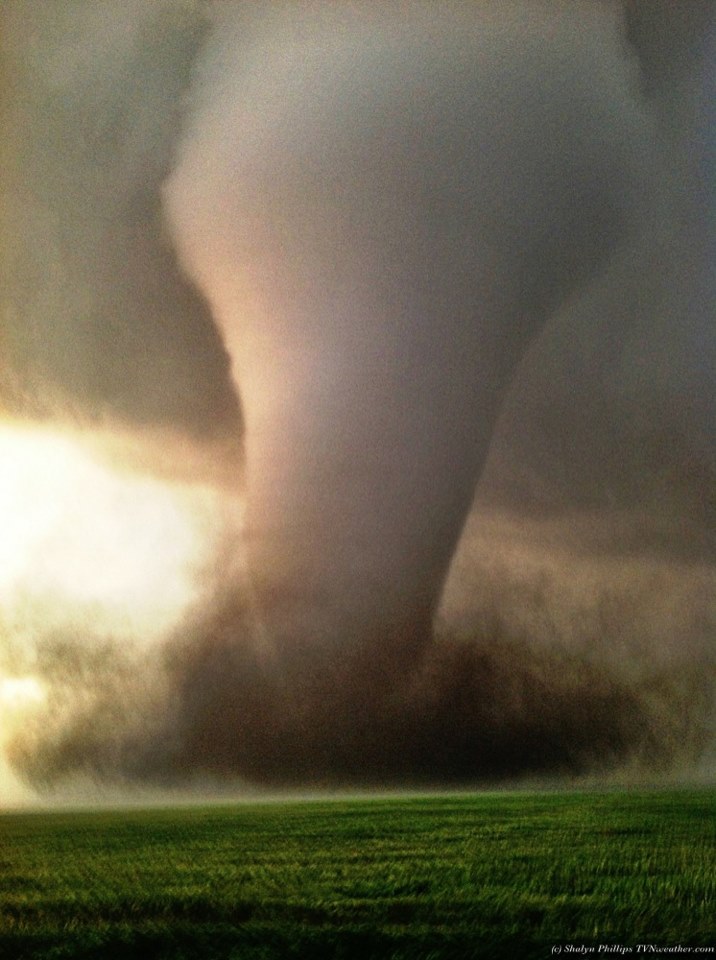 A picture of a perfectly formed tornado from a storm spotter in Kansas, May 2013.