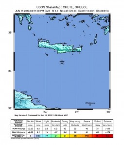 Map of the string of large earthquakes in Greece, June 15, 2013 -USGS ShakeMap