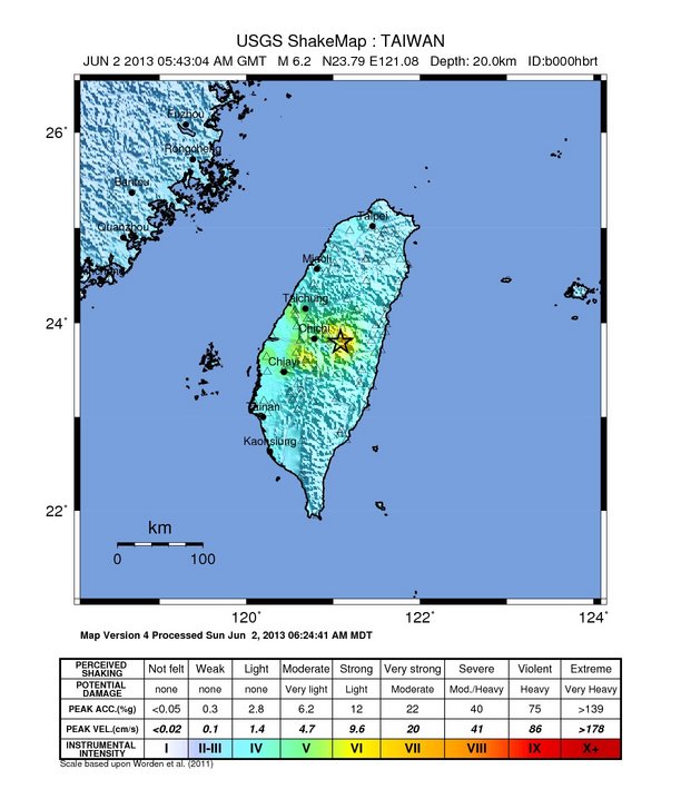 A USGS map of Taiwan June 2, 2013 earthquake.