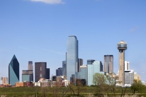 A picture of the Dallas skyline.