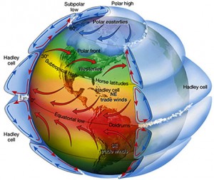 A map of the wind directions around the Earth.