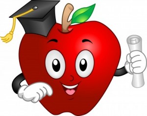 A cartoon red apple holding a diploma.