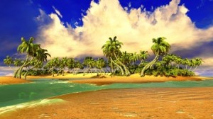 A tropical beach with clouds raining over it.