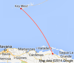 Google map of distance between Key West and Cuba.