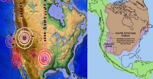 Maps of the ancient Craton boundary in the US and of the increase in earthquakes.