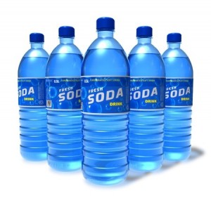Plastic blue bottles in a v-line up.