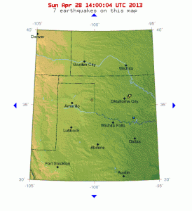 A USGS map of the earthquakes in Texas and Oklahoma on April 26, 2013.