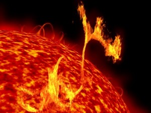 A picture of a solar flare, or CME, exploding off the surface of the Sun.